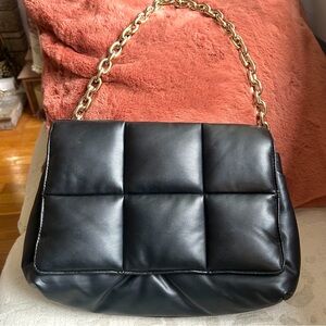 Black Quilted Shoulder Bag with Gold Chain Strap